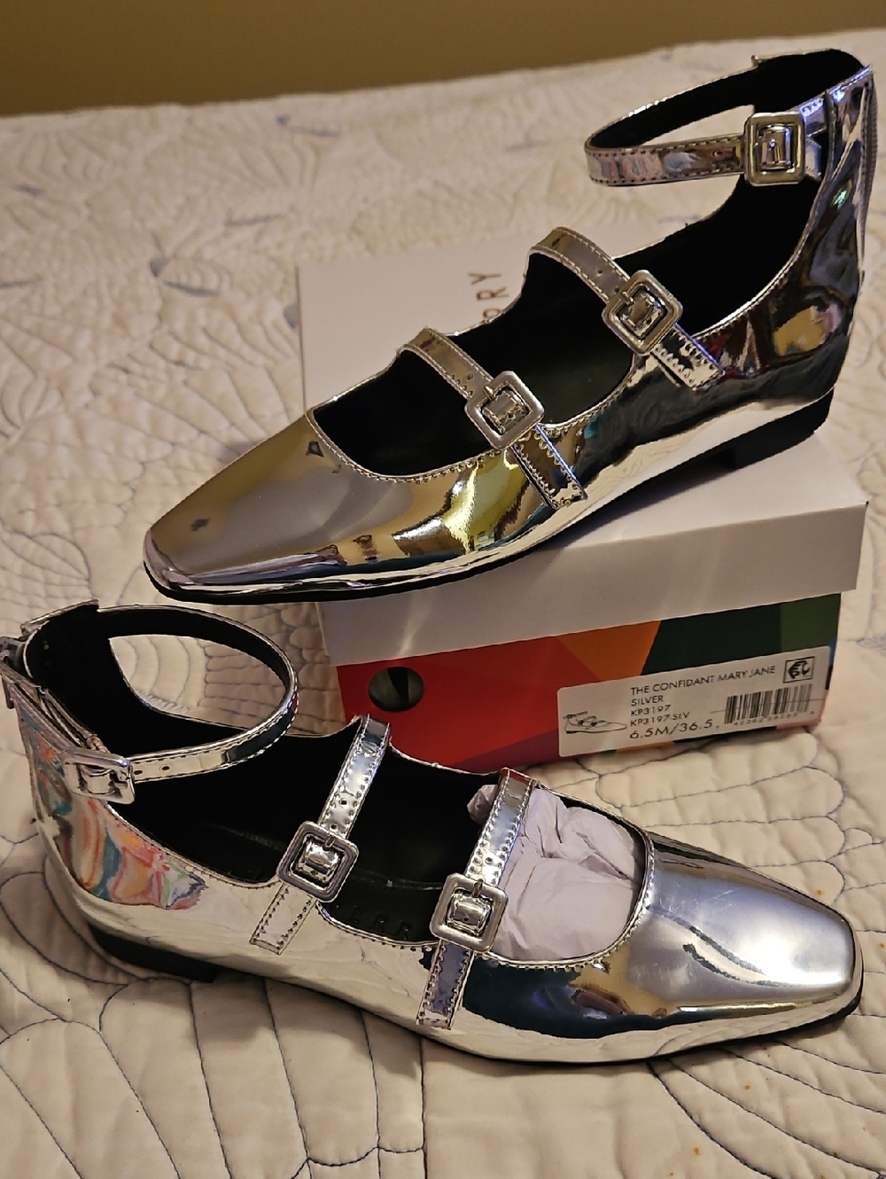 Katy Perry Collections Metallic Silver Triple-Buckle Mary Jane Flats